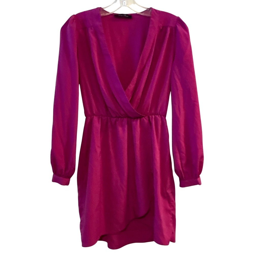 Honey Punch Womens X Small Pink Long Sleeve Surplice V Neck Ruched Waist Dress